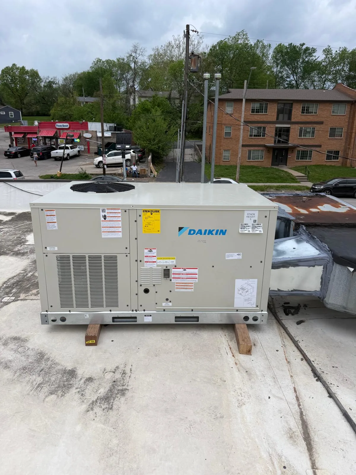 Daikin commercial rooftop unit installation on wooden blocks